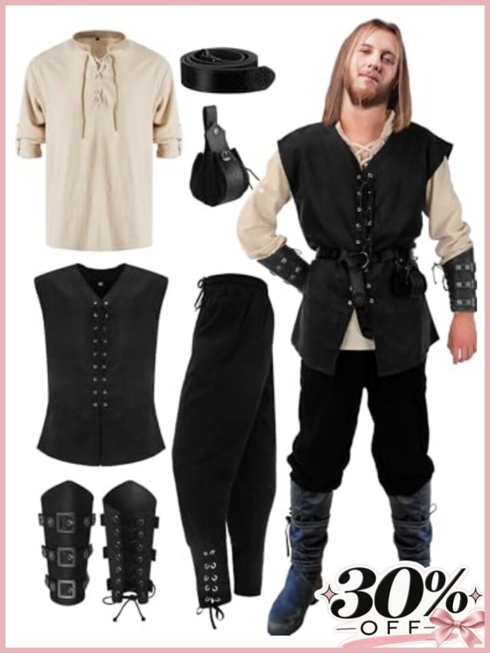 Men Renaissance Medieval Costume 6 Pc Viking Knight Cosplay Set